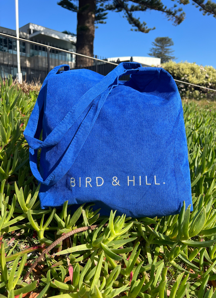 Bright ocean blue corduroy tote bag by Bird & Hill.